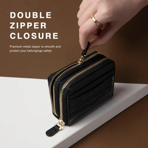 Vista 4 de Vulkitty Cartera elegante de piel con bloqueo RFID para mujer, cartera delgada con capacidad para hasta 14 tarjetas y dinero en efectivo, Negro