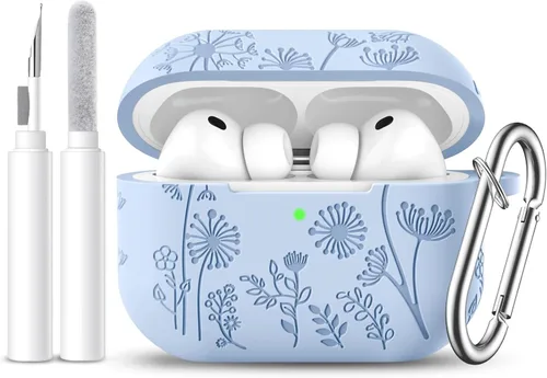 Vista 25 de Lerobo Funda para AirPods 5/4, funda de silicona suave grabada con flores A-Negro