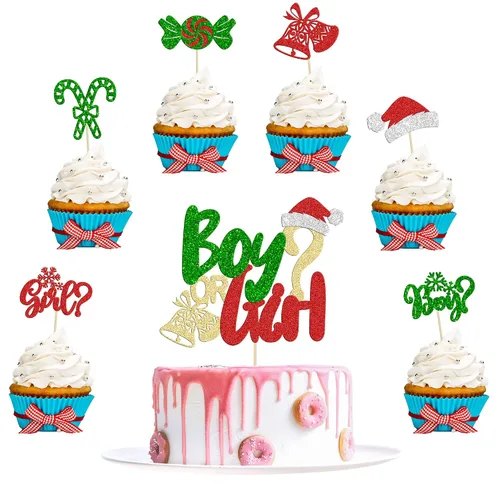 Vista 10 de Gyufise 24 piezas Adornos de pastel para revelación de género de Navidad con purpurina, sombrero navideño de Navidad, adorno de pastel de él o ella