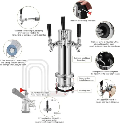 Vista 3 de Kegerator Tower Torre de cerveza de 3 grifos con púas de acoplamiento de barril de 1/4 "O.D
