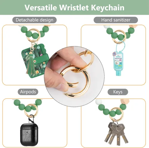 Vista 6 de Llavero tipo cartera para mujer, tarjetero RFID con llavero, llavero de bolsillo para tarjetas de borla para mujer