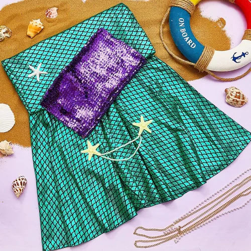 Vista 2 de Newcotte 4 piezas de disfraz de sirena para mujer, falda de tubo de lentejuelas, cintura de perla y cadena para la cabeza para Halloween Cosplay
