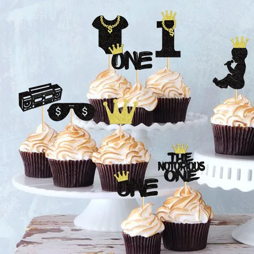 Vista 4 de Ercadio Paquete de 24 adornos para cupcakes The Notorious One con purpurina negra, Hip Hop, 1st Cupcake Picks The Big One, decoraciones para baby