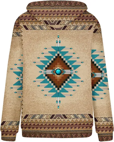 Vista 5 de DOLKFU Sudadera con capucha geométrica azteca occidental para mujer, suéter de manga larga, estilo vintage, casual