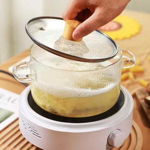 Vista 6 de Olla de Cocina de Vidrio Transparente con Tapa y Cepillo para Estufa - 1.5L (51oz) Olla de Vidrio Borosilicato con Cubierta - Juego de Olla