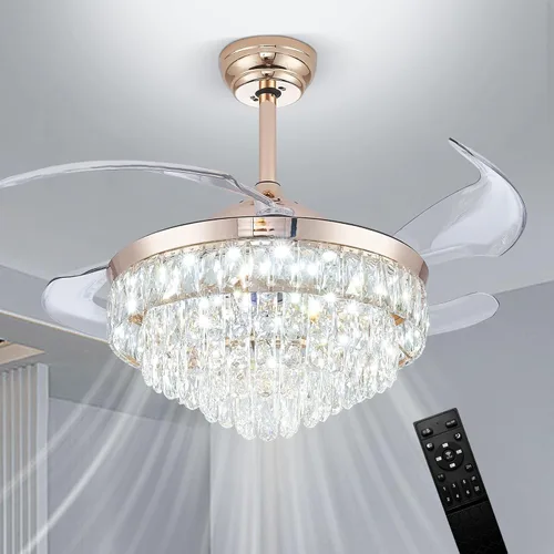 Vista 12 de CLAIRDAI Ventilador de techo de 42" de oro con candelabro de cristal y luces con APP y control remoto, lámparas regulables, 3 cambios