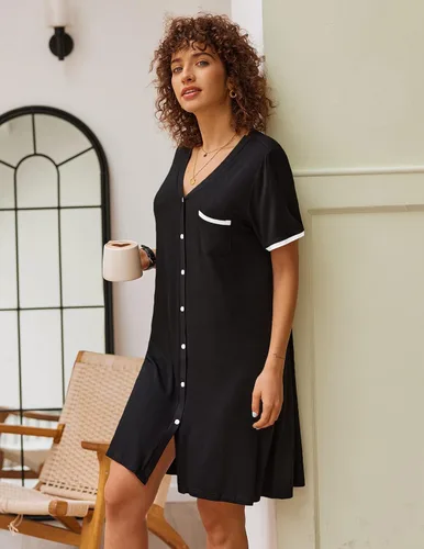 Vista 3 de Ekouaer Camisones para mujer, pijamas con botones, manga corta, cuello en V, ropa de dormir S-3XL