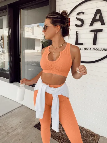 Vista 6 de QINSEN Conjuntos de entrenamiento para mujer 2 piezas acanalados sin costuras sin mangas cintura alta leggings de yoga