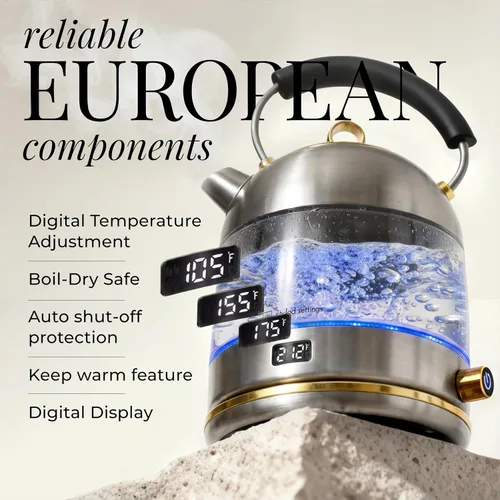Vista 3 de Hervidor eléctrico de acero inoxidable con control de temperatura, hervidor eléctrico sin BPA y plástico con función de mantener el calor, vidrio