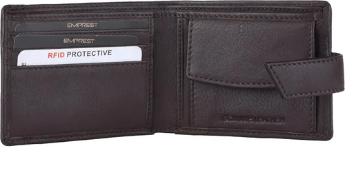 Vista 2 de Billetera plegable de cuero genuino con bloqueo RFID para hombre con tarjetero extraíble, Marrón, Clásico