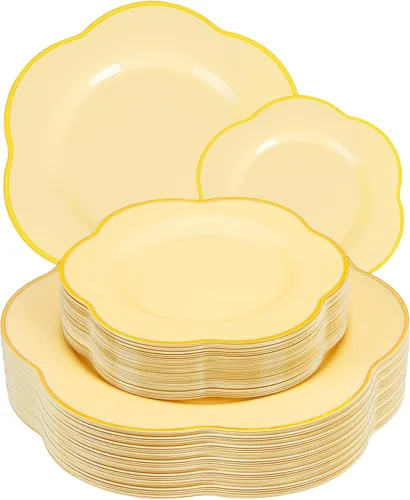 Vista 15 de Liacere 100 platos cuadrados de plástico blanco y plateado, 50 platos de cena blancos resistentes de 9.5 pulgadas y 50 platos de postre de 6 Blanco
