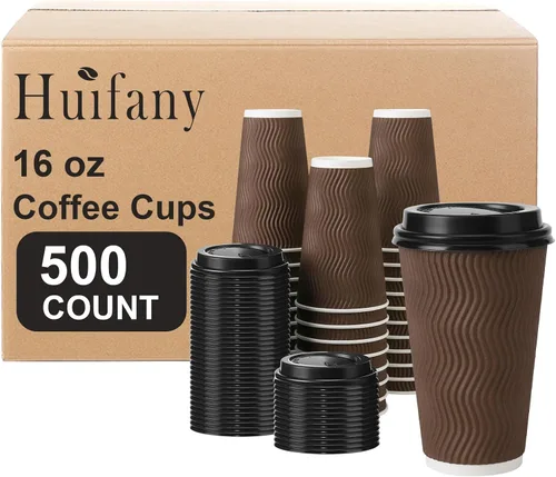 Vista 19 de Tazas de café desechables de 12 onzas con tapas, tazas de papel de café con tapas para llevar, tazas calientes aisladas para bebidas calientes