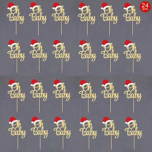 Vista 3 de Gexolenu 24 piezas de adornos de Navidad para cupcakes Oh Baby, con purpurina de doble cara, para sombrero de Papá Noel rojo para Navidad, baby