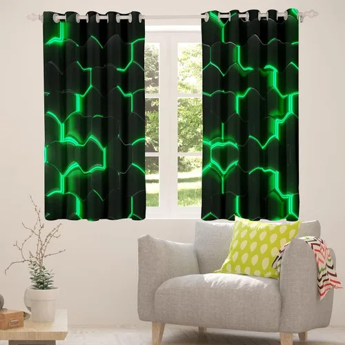 Vista 2 de Feelyou - Cortinas de ventana en forma de panal, tema geométrico hexagonal con luces de neón verdes, para chicos adolescentes y hombres, elegante