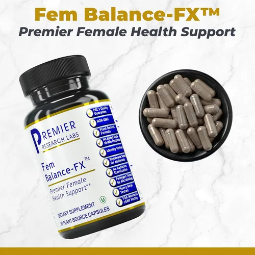 Vista 2 de Premier Research Labs Fem Balance-FX - Apoya los ciclos menstruales y la regularidad - con fruta de árbol casto, alfalfa, salvia china y cúrcuma