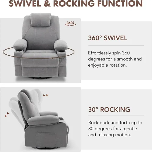 Vista 4 de Mecedora reclinable con masaje y calefacción, silla ergonómica giratoria para sala de estar sofá individual clásico