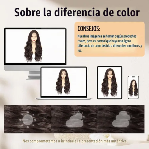 Vista 8 de Pelucas onduladas de color marrón oscuro para mujer, 26 pulgadas, parte