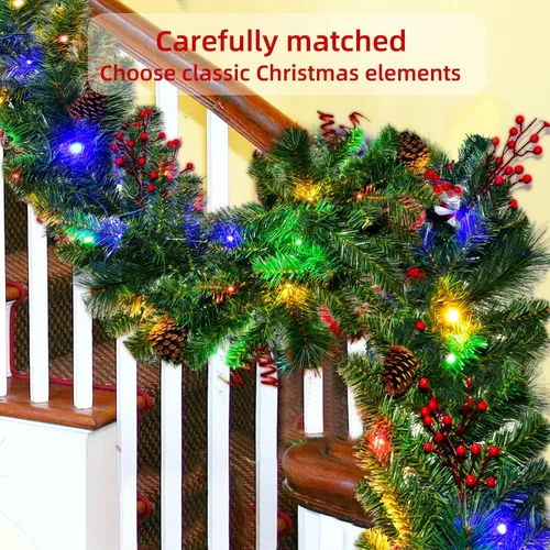 Vista 6 de HOYECHI - Juego de 2 guirnaldas navideñas preiluminadas - 2.7 m cada una con 50 luces LED y bayas rojas, alimentadas por baterías con 8 modos