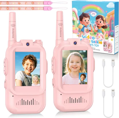 Vista 10 de Walkie Talkie de video para niños, paquete de 2 walkie talkie recargables con cámara de pantalla, chat Facetime de largo alcance, juguetes