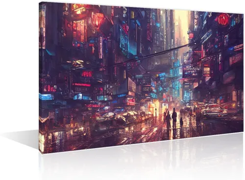 Vista 15 de 1 panel de cuadros de la ciudad de Cyberpunk, arte de pared, representación de vallas publicitarias, edificios modernos en la capital con obras