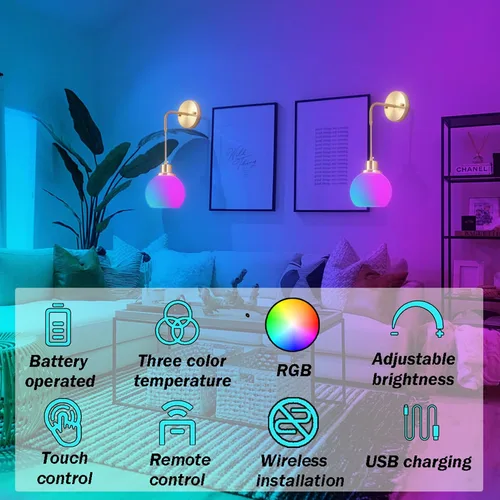 Vista 2 de Juego de dos apliques de pared a pilas con control remoto, aplique de pared recargable sin cableado hasta 50 horas de vida útil, aplique de pared