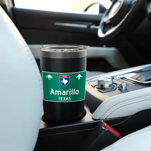 Vista 6 de Amarillo Texas Road Trip TX Highway Trffic Sign, vaso aislado de acero inoxidable