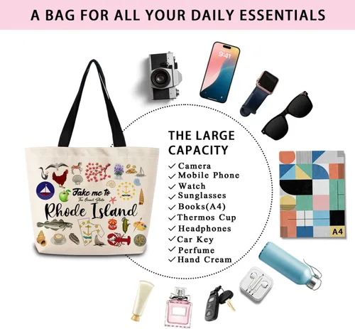 Vista 7 de Take Me To Rhode Island - Bolsa reutilizable para comestibles, bolsa de compras estética con bolsillo interior, ligera y lavable, elegante, regalo