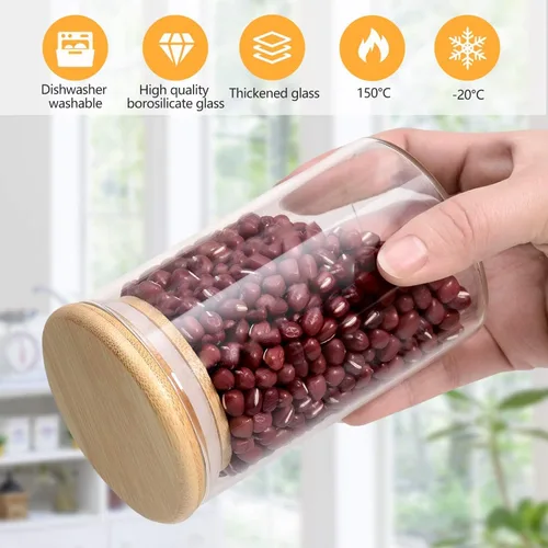 Vista 4 de Tarros de vidrio con tapas herméticas de madera de bambú, tarros de especias de 6 onzas y 10 onzas, recipientes de almacenamiento de alimentos