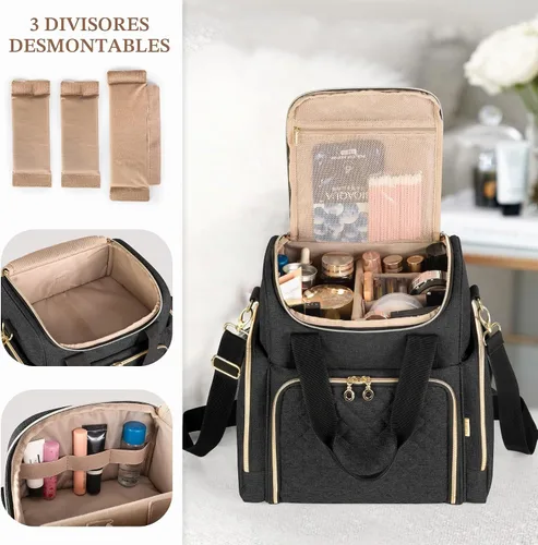 Vista 2 de LUXJA - Bolsa de maquillaje de viaje con 2 estuches de maquillaje extraíbles, color negro Large Cosmetic Bag with Multiple Storage Sections, 3