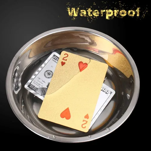 Vista 3 de Joyoldelf 2 barajas de cartas de juego de 24 quilates, póquer impermeable con patrón de dólar en caja de regalo, 1 oro + 1 plata