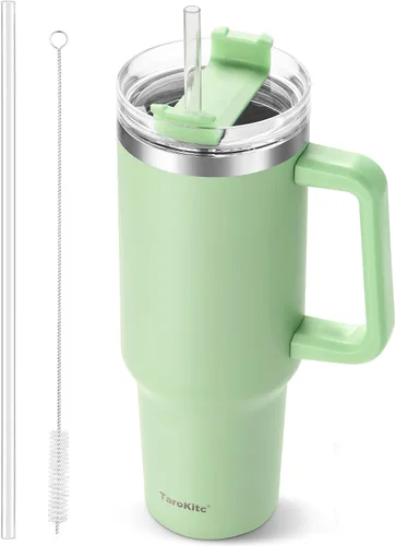 Vista 19 de TaroKitc Vaso de 30 onzas con asa y popote abatible, botella de agua aislada al vacío de triple pared, taza de viaje reutilizable a prueba de fugas