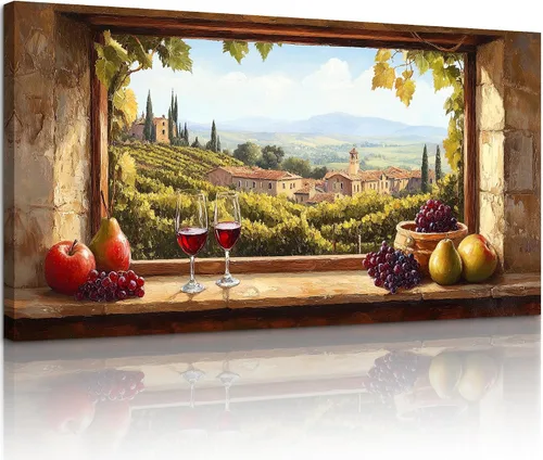Vista 11 de crmotu Vineyard Arte de Pared de Ventana Falsa, Obra de Arte Grande de Paisaje de Campo Italiano, Impresiones de Campos de Uva Decoración de Pared