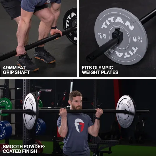 Vista 3 de Titan Fitness Axle Barbell, Fat Grip Strength Training, Olympic Bar, Powder-Coated Steel