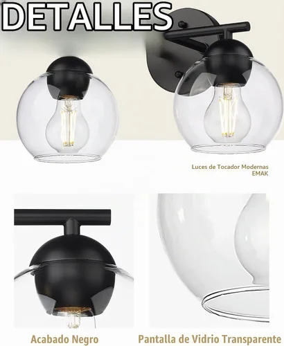 Vista 3 de Emak Lámpara de baño negra de 2 luces sobre el espejo, luces de tocador de baño con pantalla de vidrio transparente, VL114-BKL-2