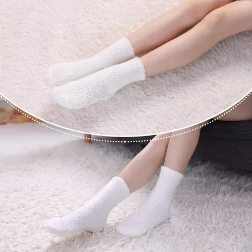 Vista 5 de Calcetines mullidos para mujer, esponjosos, cálidos, tipo pantufla de invierno, de microfibra, suaves, para dormir en casa 1 par Blanco