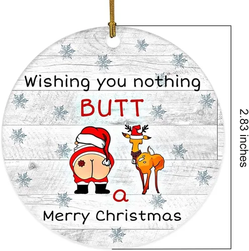Vista 2 de Adorno de cerámica divertido - Papá Noel travieso y ciervo "Deseo que no te traiga nada más que una feliz Navidad" - Adornos para el hogar, adorno