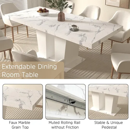 Vista 4 de Henf Juego de mesa de comedor de mármol sintético de 7 piezas para 6, mesa de comedor extensible de 63"-79" y 6 sillas negras acolchadas para 6