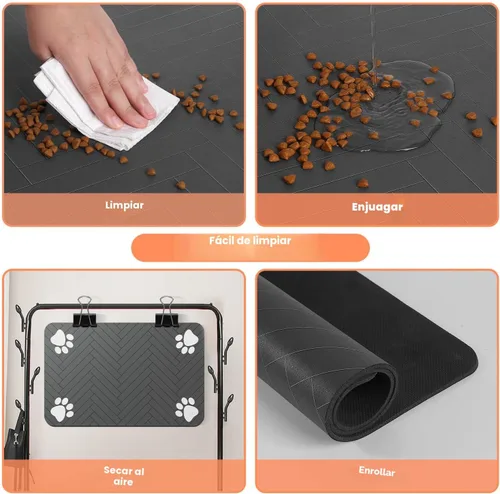 Vista 4 de Alfombrilla de alimentación para mascotas, mantel individual absorbente para tazón de comida y agua, con base de goma impermeable, de secado rápido