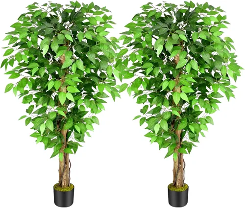 Vista 14 de Árboles artificiales de ficus de 3 pies con troncos naturales curvados, árbol exuberante de 36" de altura, árbol falso de ficus realista en verde