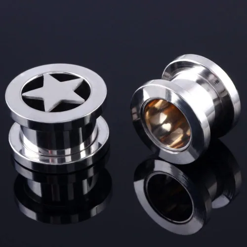 Vista 3 de Par de túneles estrella con tapones de acero inoxidable, tornillos, expansor de oreja, dilatador, medidores de perforación con O-Ring, moda punk
