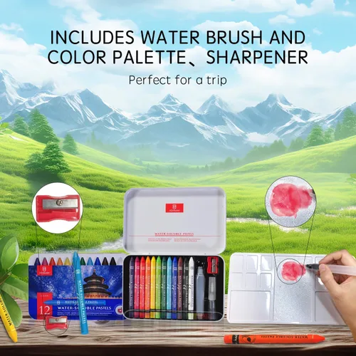 Vista 7 de iCrayon 12 colores pasteles solubles en agua, juego de pasteles de acuarela para principiantes y aficionados, incluye sacapuntas, paleta y pincel