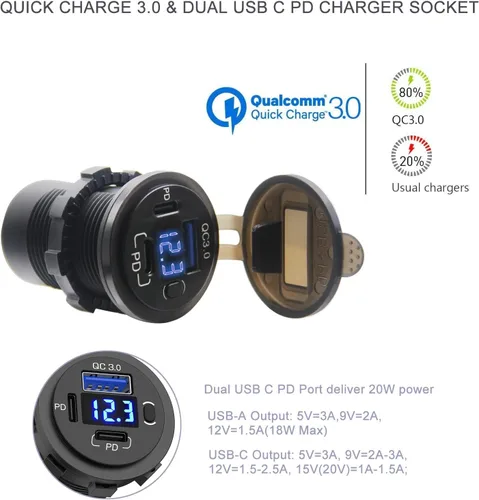 Vista 3 de Toma de corriente USB de 12 V, enchufe de cargador de coche USB C dual y puerto de carga rápida 3.0 con voltímetro e interruptor de alimentación
