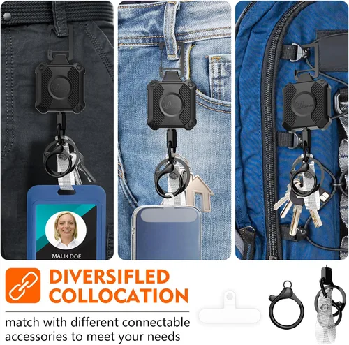 Vista 5 de Llavero retráctil resistente con bloqueo de intervalos, clip para tarjetas de identificación, carrete de insignia con cordón Dyneema Negro-1 paquete
