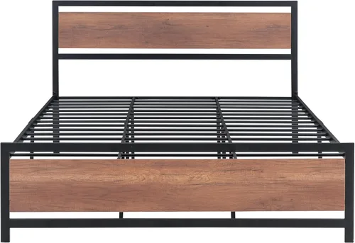 Vista 7 de Base de cama de plataforma tamaño Queen con cabecera de madera rústica vintage, marco de cama resistente con almacenamiento, no necesita somier