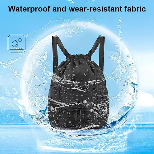 Vista 8 de Mochila deportiva con cordón, bolsa de gimnasio impermeable para mujeres y hombres, paquete de baloncesto con compartimento para zapatos, Negro