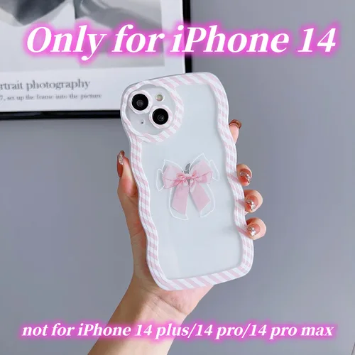 Vista 3 de Funda transparente compatible con iPhone 14 con diseño de lazo para mujeres y niñas, marco estético de rayas, ondulado, suave, a prueba de golpes