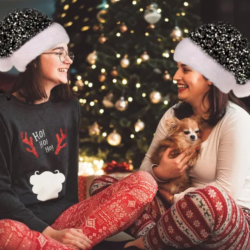 Vista 4 de Sombrero de Navidad Morado para Adultos, Sombrero de Papá Noel con Lentejuelas Moradas Personalizado Súper para Navidad Vacaciones Fiesta de Año