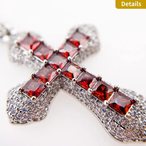 Vista 2 de ZeaLian Collar de cruz de circonita de hip hop, chapado en oroplata, cristal egipcio, colgante de cruz de cristal copto Ankh, joyería de cadena