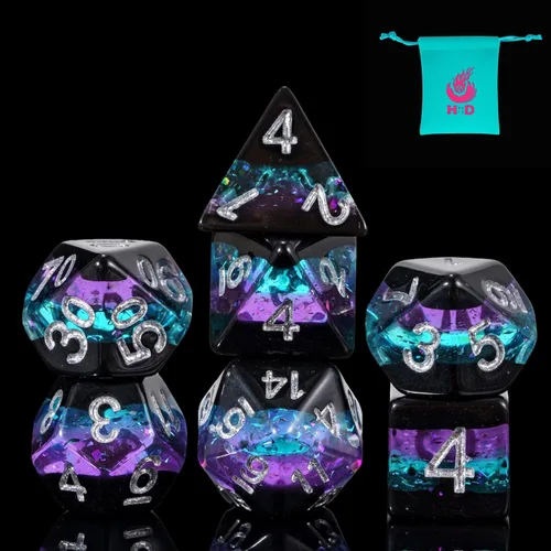 Vista 15 de Juego de dados de resina para DND, juego de 7 dados poliédricos negros D&D rellenos con papel de colores brillantes para juegos de rol
