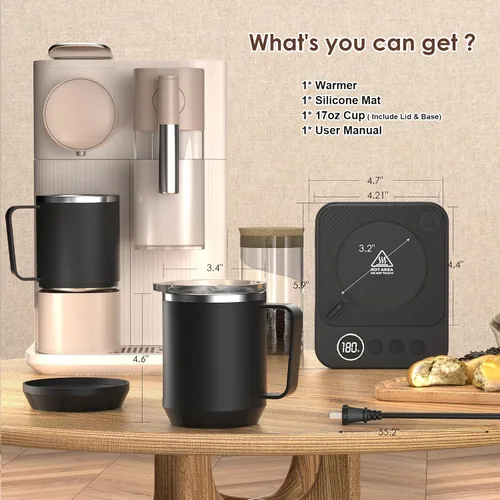 Vista 7 de Calentador de Taza de Café y Juego de Taza para Escritorio, Calentador Eléctrico de Taza de Café con Taza Calentada de 16oz, Calentador de Café